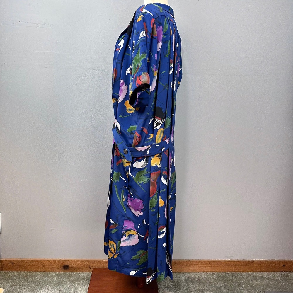 Vintage Midi Dress Women Size M Blue Floral 80s Drop Waist Retro Shoulder Pads - Picture 5 of 11